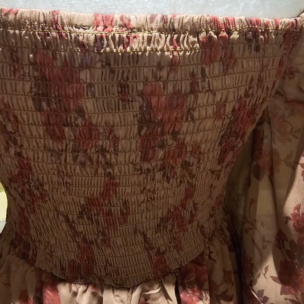 Romantic Cottagecore Floral Top Milkmaid Ruched Whimsy Boho Peplum Sheer Dress S - Picture 11 of 11